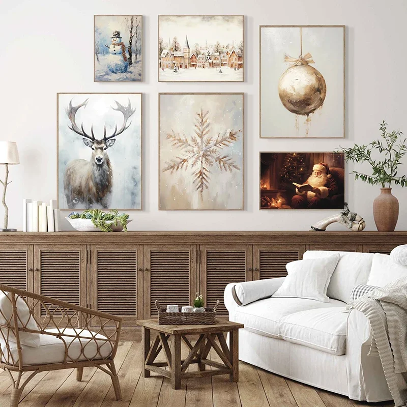 Winter Village Christmas Ornament Snowflake Prints Canvas Retro Wall Art for Living Room Home Decor