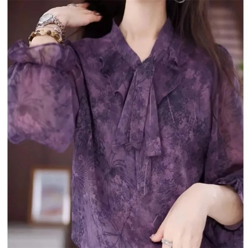 Korean Ladies Fashion Tie Up T-shirt Autumn Women High End Casual Loose Printed Top Spring Female Large Size 5XL Pullover Blouse