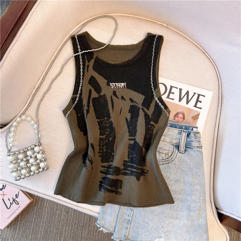 Elastic Tie Dye Eye Letter Graphic Tank Top Women Summer Y2K Clothes Round Neck Sleeveless Crop Top Vest Streetwear Knit Camis
