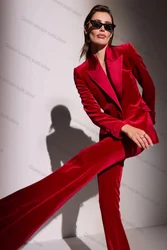 Red Formal Women Suit Set 2 Piece Blazer+Pants Satin Lapel Office Business Lady Jacket One Button Coat Customized Prom Outfit