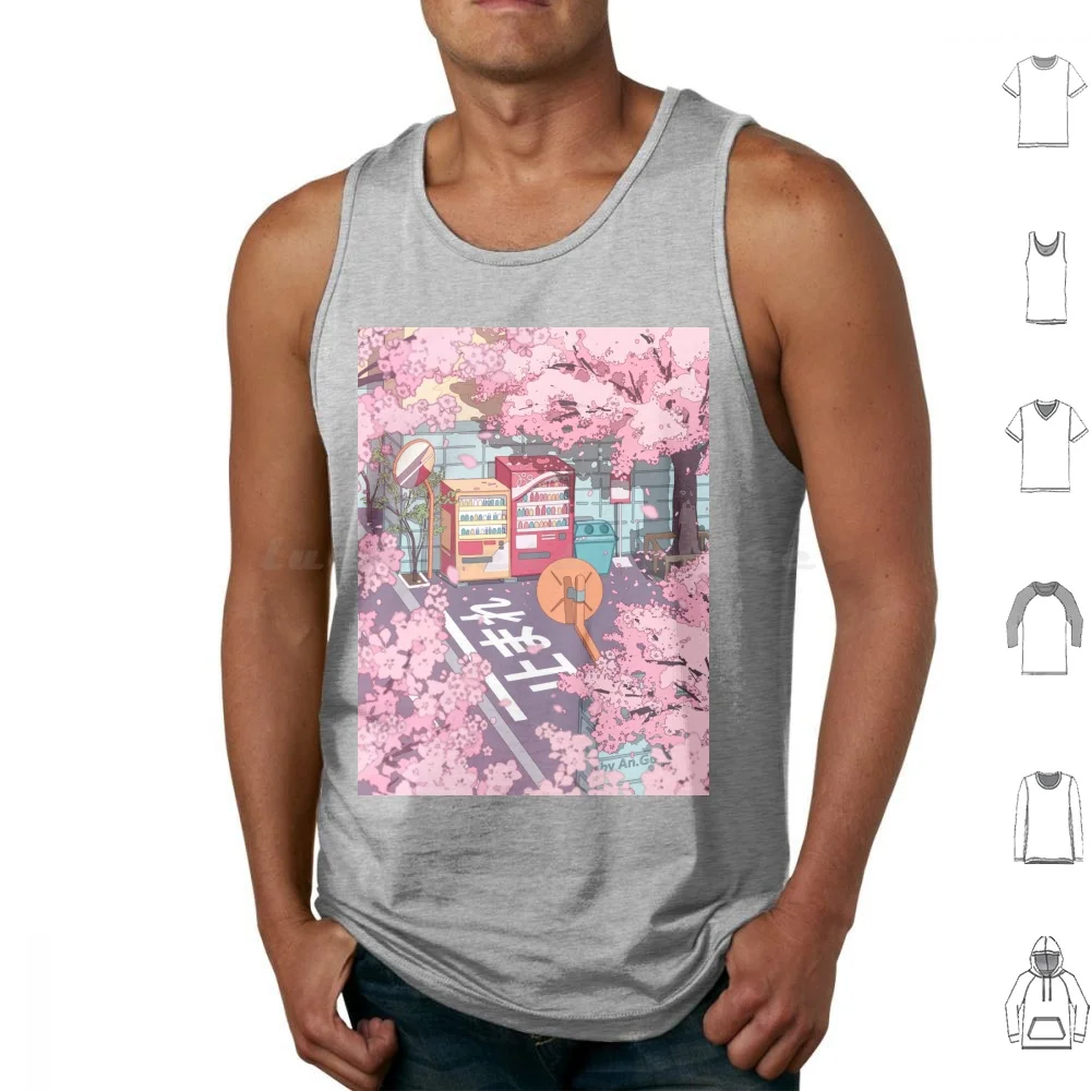 Eine schöne ästhetische Tokio Straße und die rosa Sakura Baum blüte Tanktops drucken Baumwolle Japan japanische Ästhetik