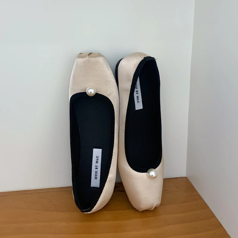 2024 Spring Summer New Elegance Ballet Shoes Women Square Head Satin Surface Flat Shoes Retro Fashion Grandma Shoes Pearl