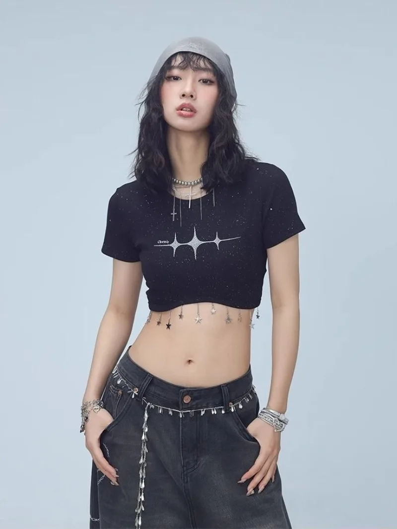 

American Embroidered Short-sleeved T-shirt for Women's Summer Hot Girl Star Chain Kpop Slim Fit Top Fashion Female Clothes