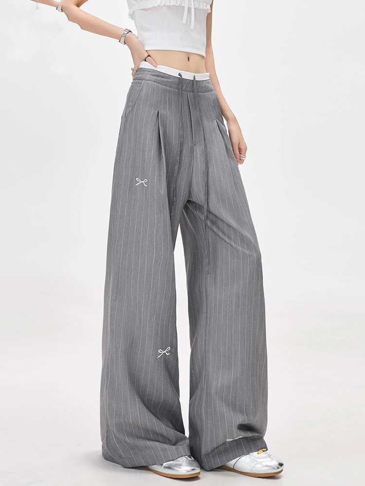 Y2K Harajuku Pants Japanese Streetwear Bow Print Stripe Suit Wide Leg Trousers High Waisted Loose Fit Lace Up Casual