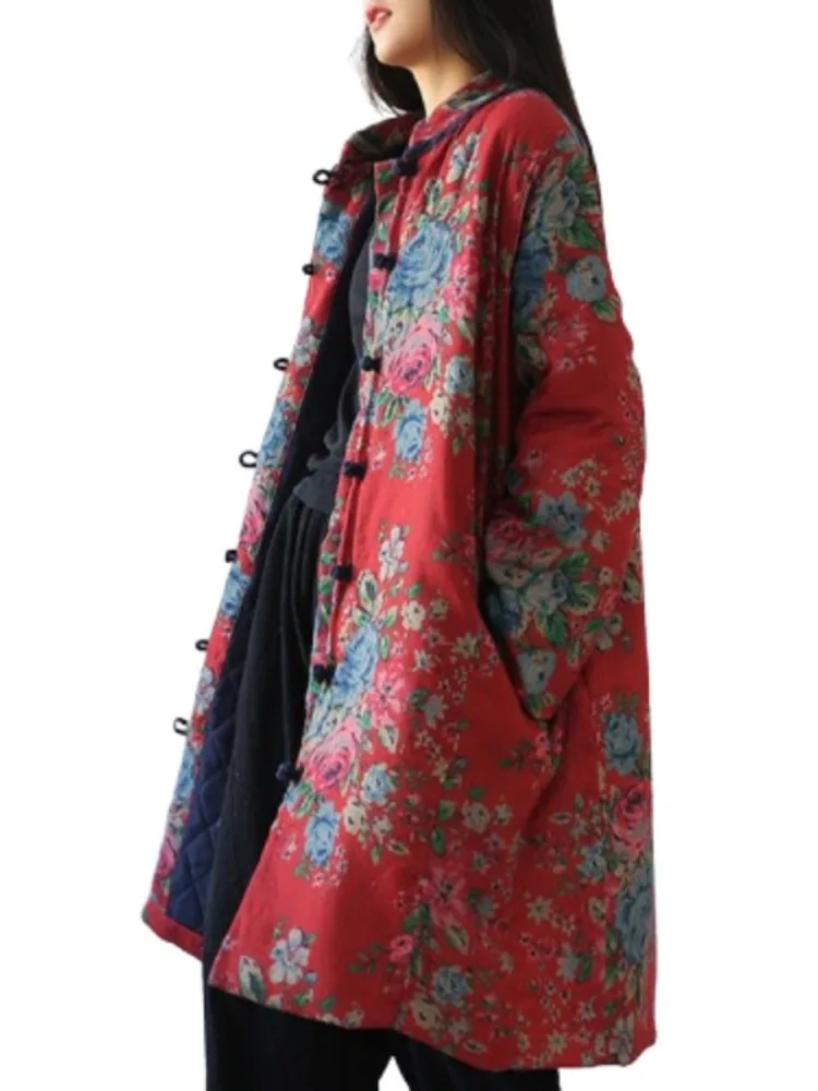 Thickened Long Printed Linen Cotton Jacket Women's Winter Outerwear Northeast Big Flower Ethnic Style Warm Tang Costume Coat