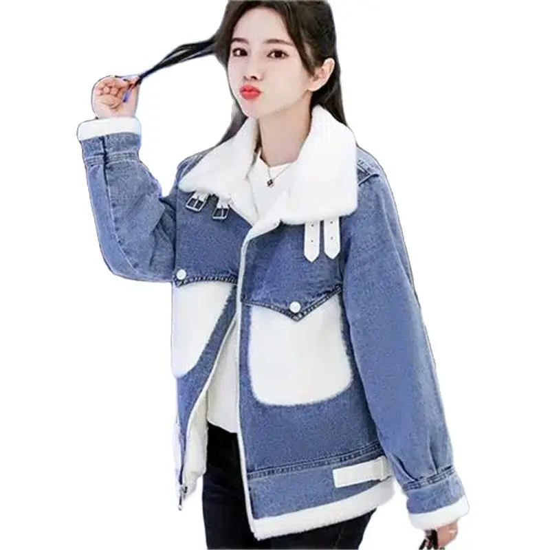 

Imitation Lambswool Denim Jacket Female Design Sense Niche Autumn And Winter 2022 New Outerwear Add Velvet Padded Cotton Coat