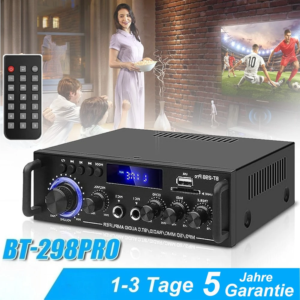 Kit d'amplificateur stéréo, amplificateur domestique à deux canaux, système audio home cinéma, avec entrée microphone (avec effet d'écho), réglage des basses et des aigus, équipé d'interfaces USB/RCA/FM.