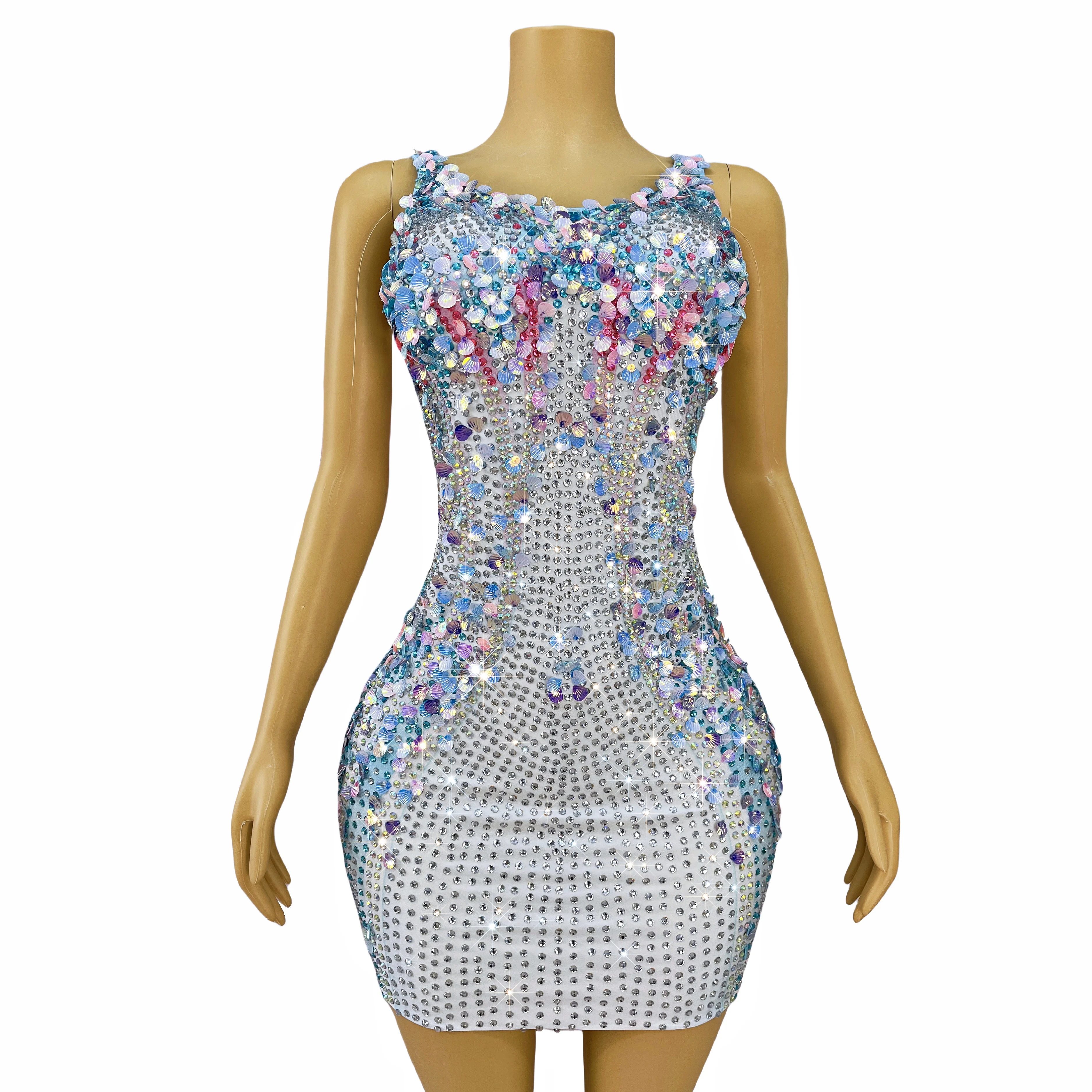 High-end Handmade Blingbling Sequins Shells Rhinestones Short Dress Women Party Outfit Dancer Singer Perform Costume Lanmeimei