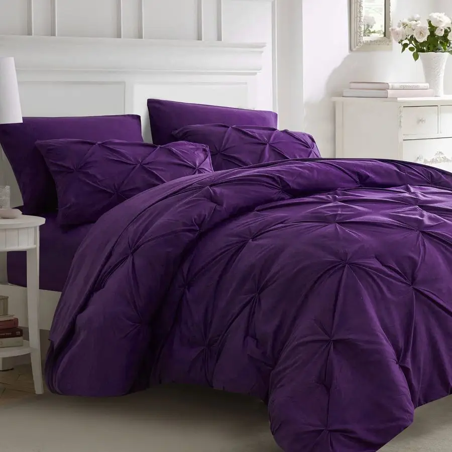 

7pc Purple Comforter Set Queen Size with Sheets, Pintuck 7 Piece Bedding Comforters Bed in a Bag for All Season, Pinched Pleat B