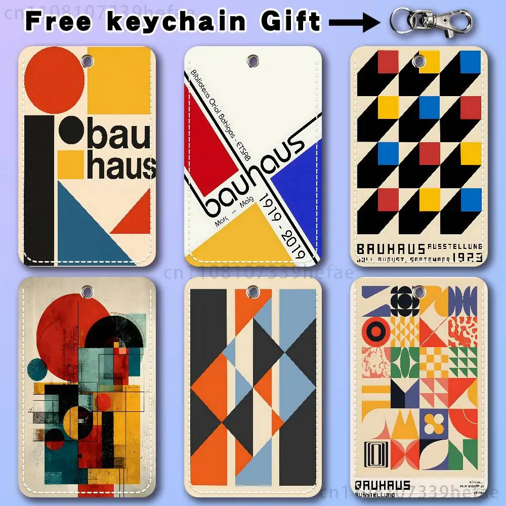 

Abstract Geometry Bauhaus Rectangle Card Case Keychain Access Card Bag Key Tag Ring Leather Card Holder Key Ring Access
