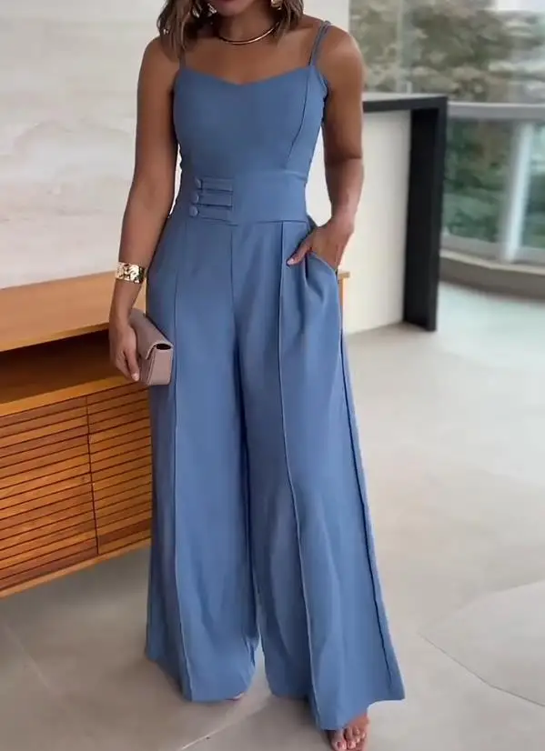 الصلبة اللون حزام الكتف ضئيلة عالية الخصر واسعة الساق بذلة الصيف نمط جديد المرأة أنيقة عارضة الحمالات بذلة #1