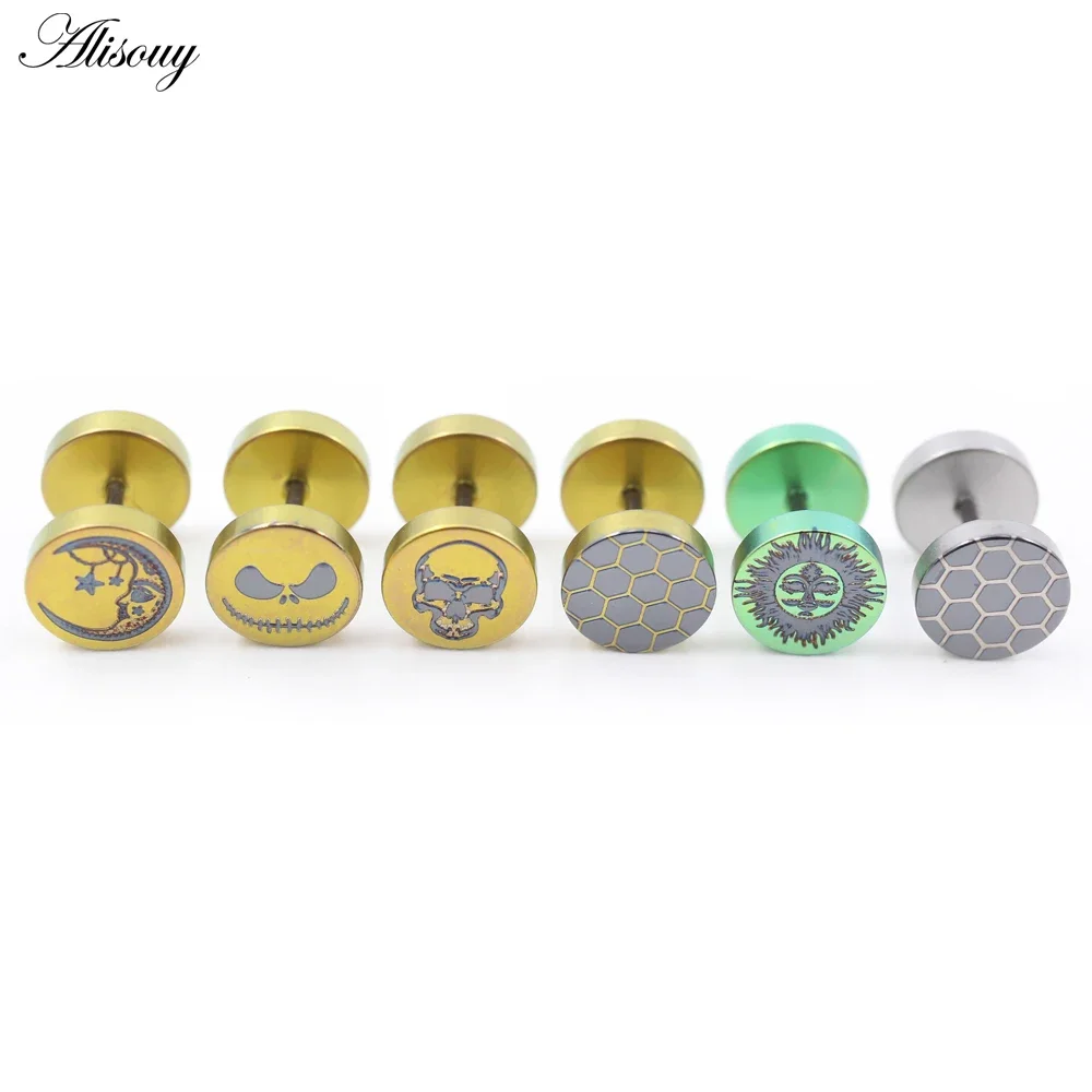 Alisouy 2PCS Green Titanium Honeycomb Sun Moon Star Skull Face Pumpkin Head Unisex Dumbbell Barbell Pierceing Ear Stud Earrings