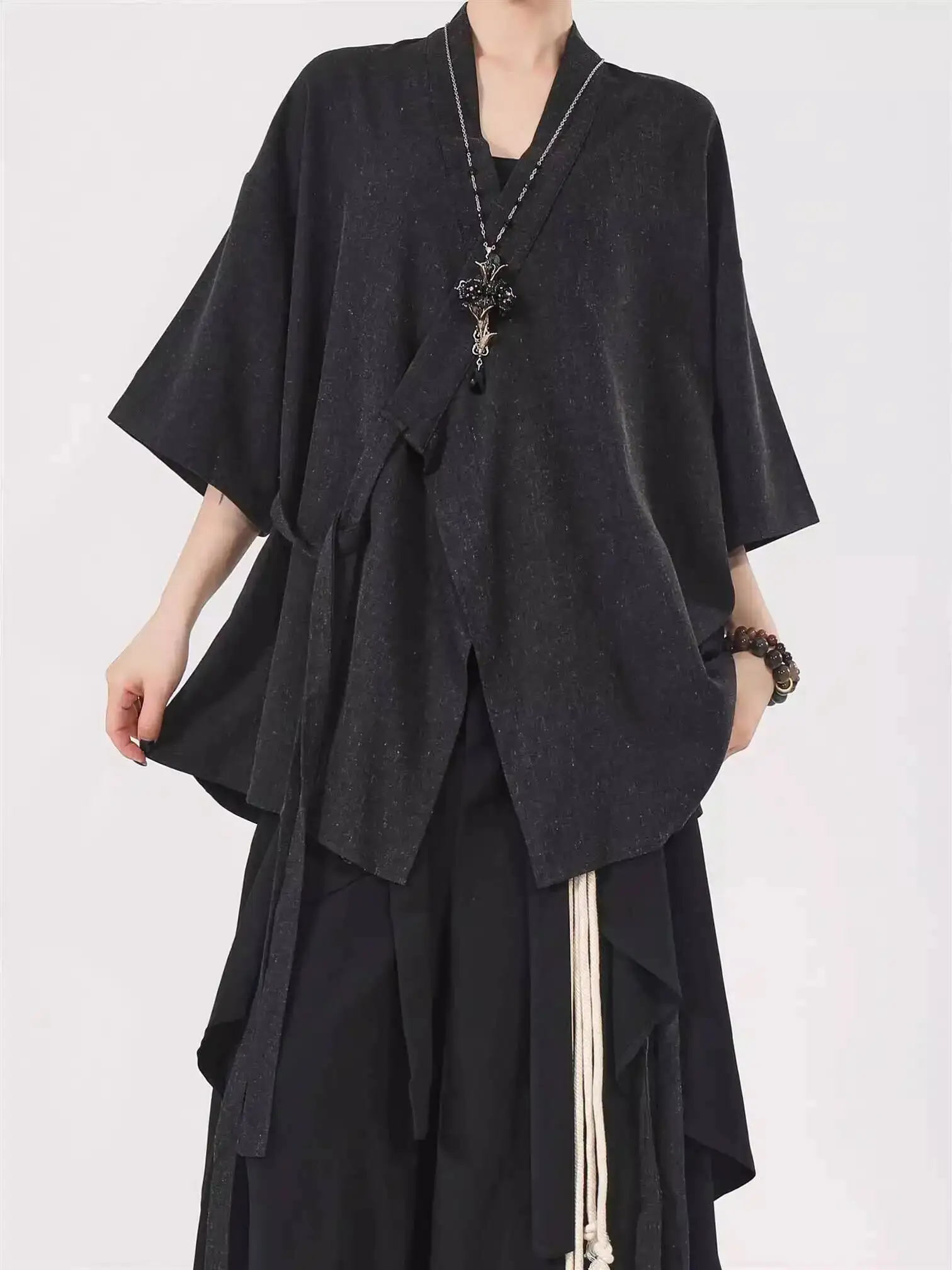 봄과 여름 남자 여자 셔츠 중국 스타일 수정 Hanfu 여성 묶인 기울어진 옷깃 v 넥 카디건