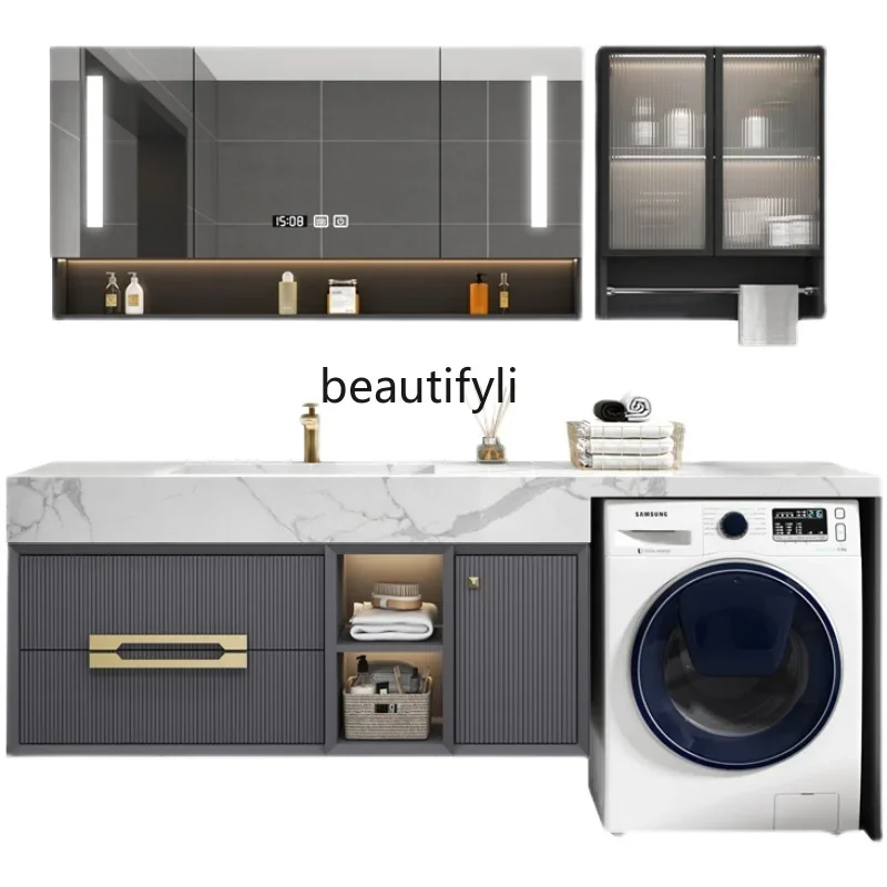 

Modern Light Luxury Bathroom Combination Wash Basin Pool Washstand Stone Plate Bathroom Integrated Washing Machine Cabinet