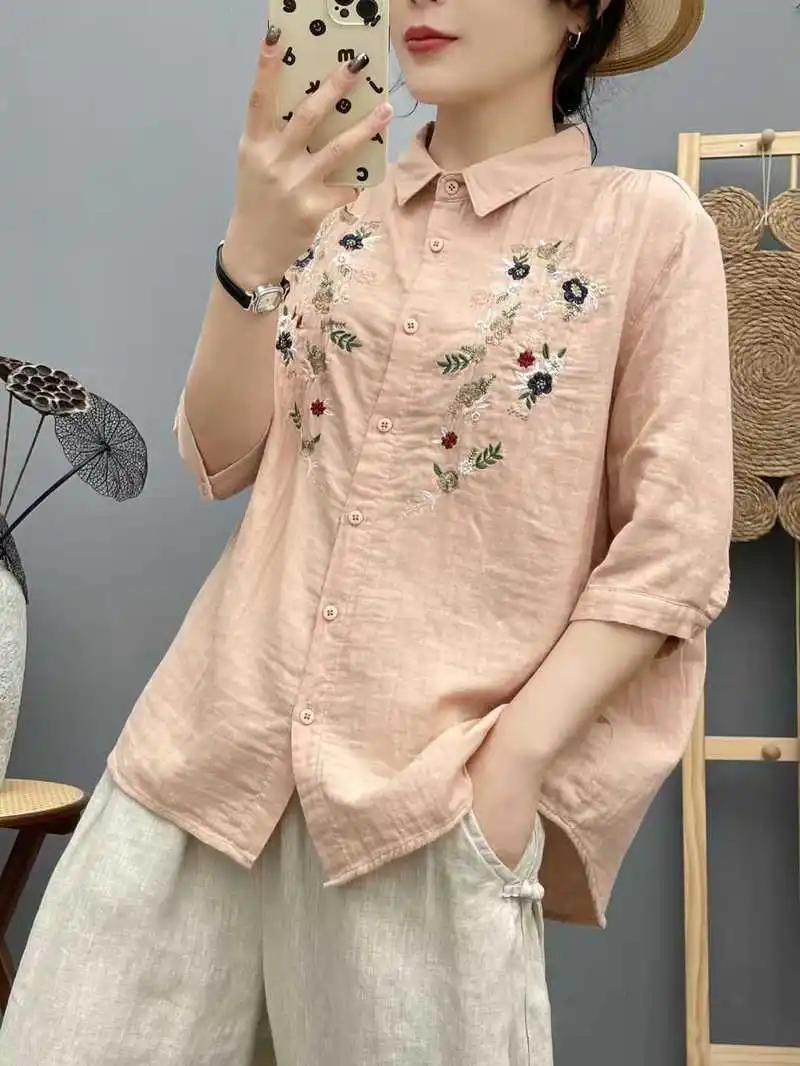 ใหม่2025ฤดูร้อนผ้าฝ้ายเส้นด้ายครึ่งแขนเสื้อผู้หญิงTurn-Downคอเย็บปักถักร้อย, MoriสาวOL Chicนุ่มหลวมเสื้อt54812CC