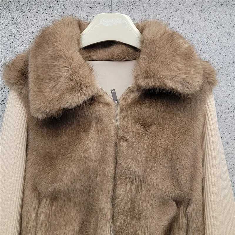 HKSH 秋冬新作 レディースコート ニット パッチワーク フェイクファー コントラストカラー ターンダウンカラー ジッパー エレガント インスジャケット HK15178