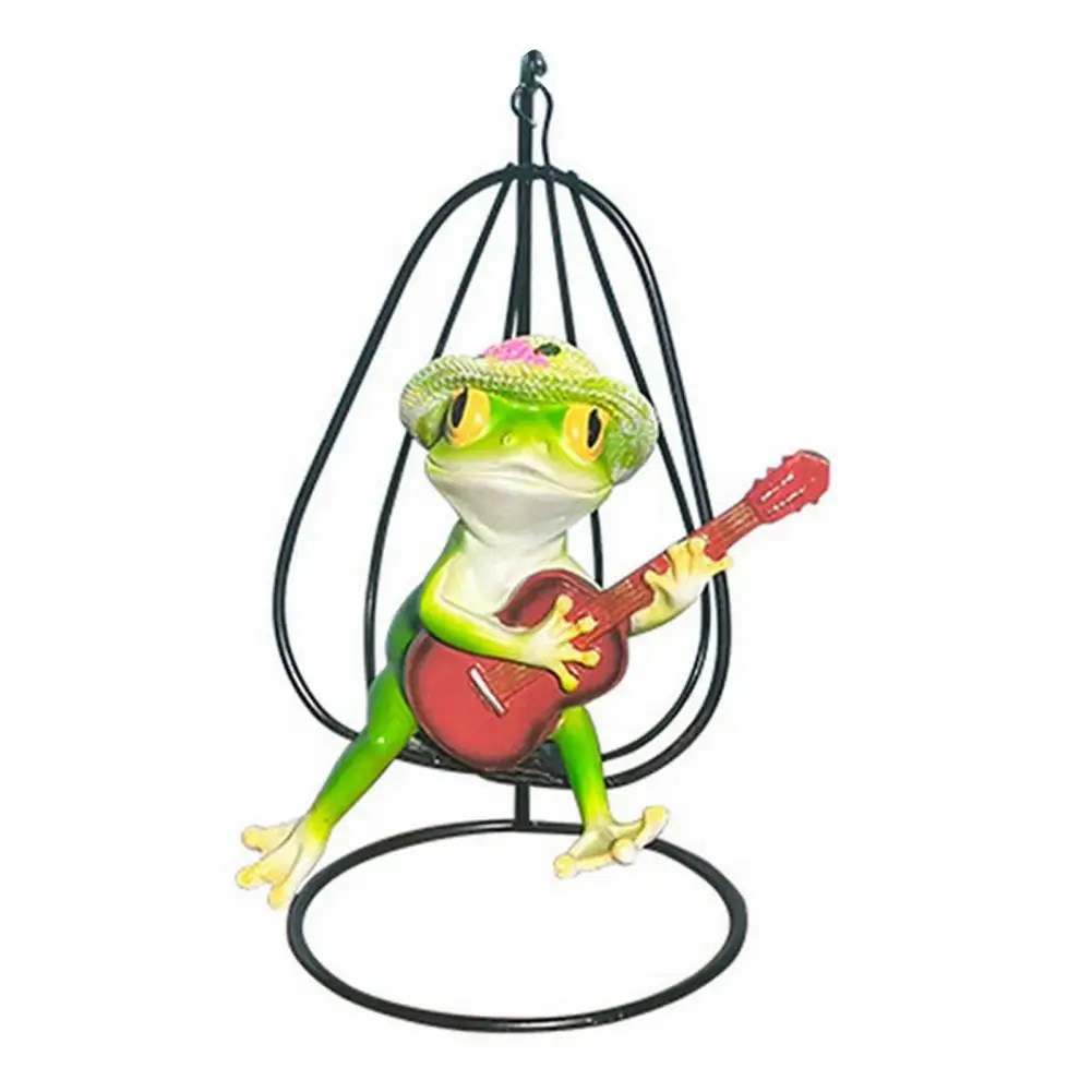 Home Decor Frog Sculpture Garden Frog Decor Guitar Playing Frog Figurine Swing Chair Cute Straw Hat Sculpture Garden Home