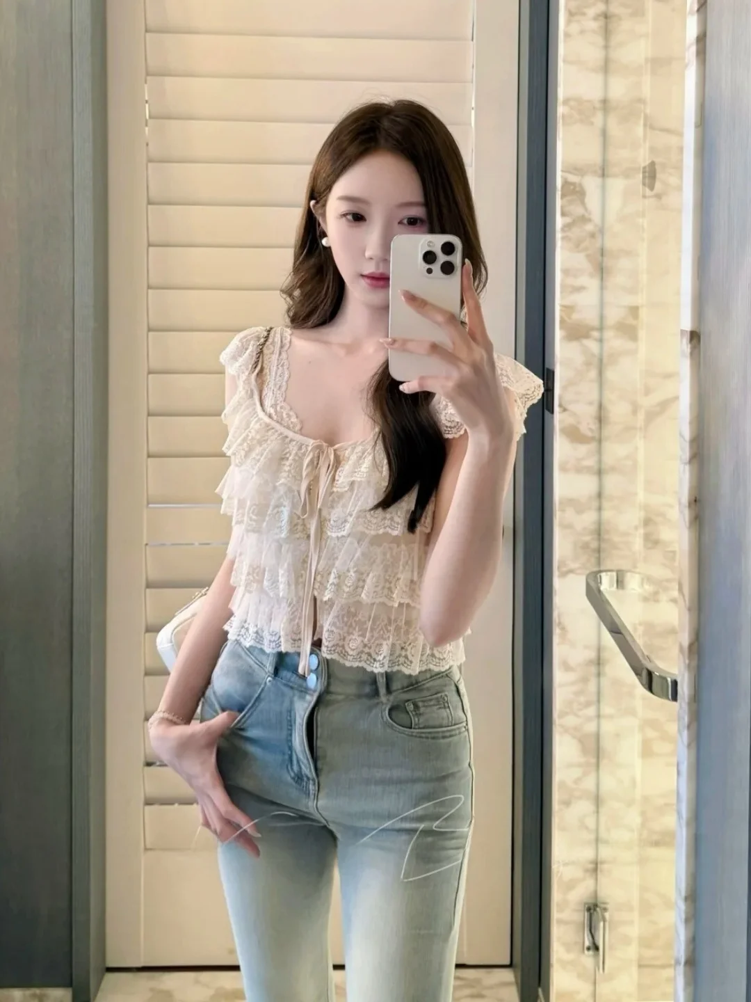 Sweet Style Lace Trim Belted Women's Tank Top Summer Layered Decorative Slimming Fairy Atmosphere Top Square Collar Short Length