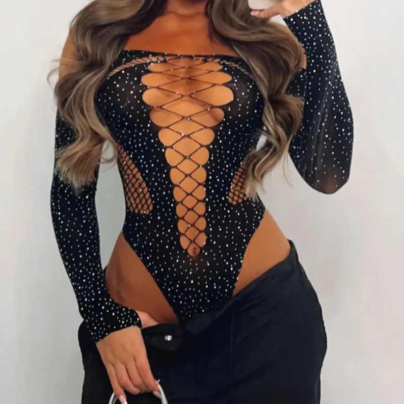 Women's Clothing Trend 2024 Sexy Mesh See Through Long Sleeve Top T-Shirt Summer Female Slim Inner Sex Rhinestone Open Bodysuit