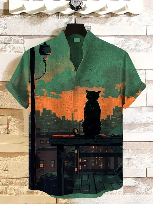 Summer Men\'s Retro Cartoon Anime Cat Theme Short Sleeve Shirt Short Sleeve Tops Fashion Casual Vacation Streetwear Men\'s Shirt