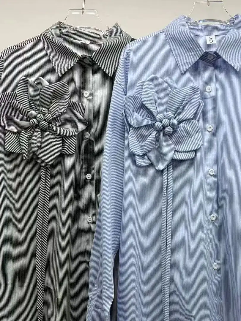 Nieuw in grote bloemen borduurwerk katoenen streep shirts blouses voor dames met lange mouwen losse casual zoete chique tops blusas