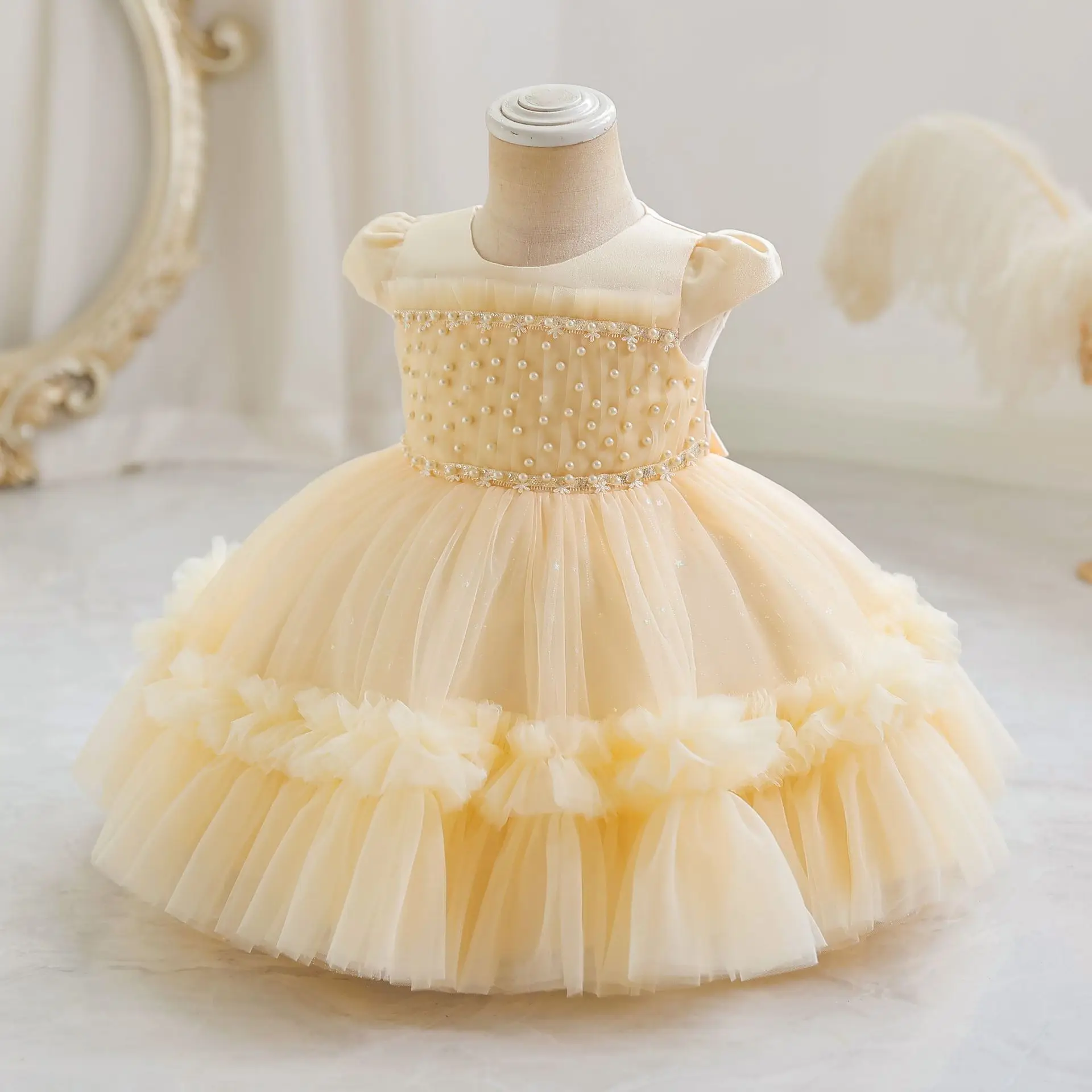 HETISO Baby Girl Dress Pearls Lace 1st Birthday Party Infant Girl Princess Wedding Baptism Ball Gown 6M to 2 3 4 Years