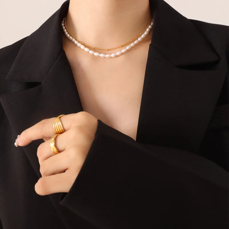 

Freshwater Pearls Necklace 18k Gold Plated Stainless Steel Neck Chain Necklaces Choker for Women Elegant Women's Jewelry Gift