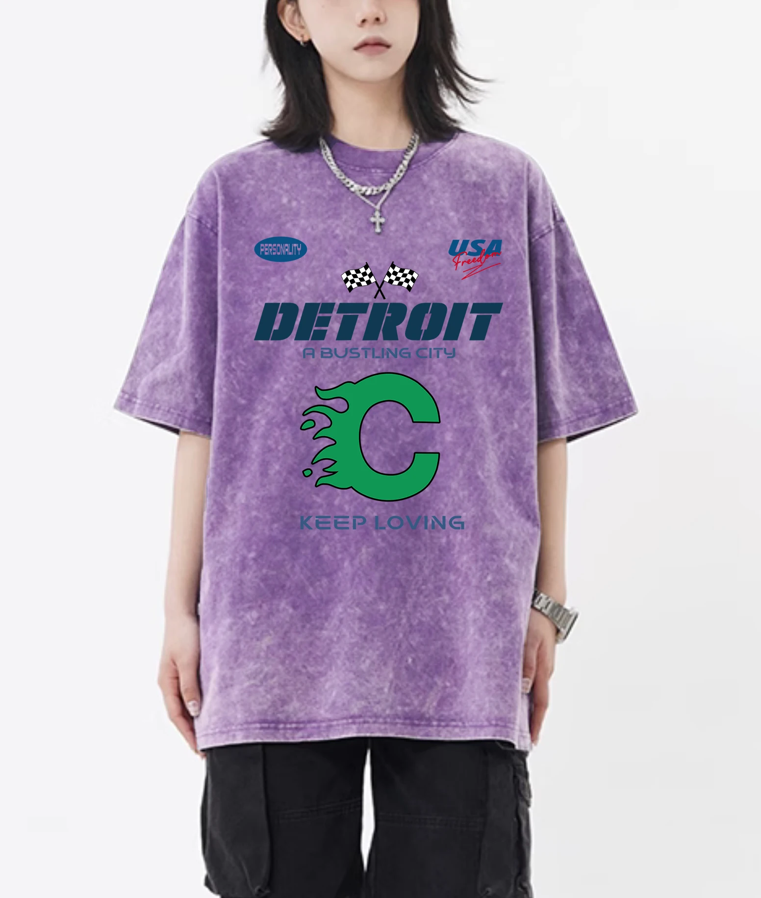 Detroit Usa Sport Pattern Retro Female T-Shirts Summer All-Match Short Sleeve Cotton Snow Wash Top Trendy Crewneck Tee