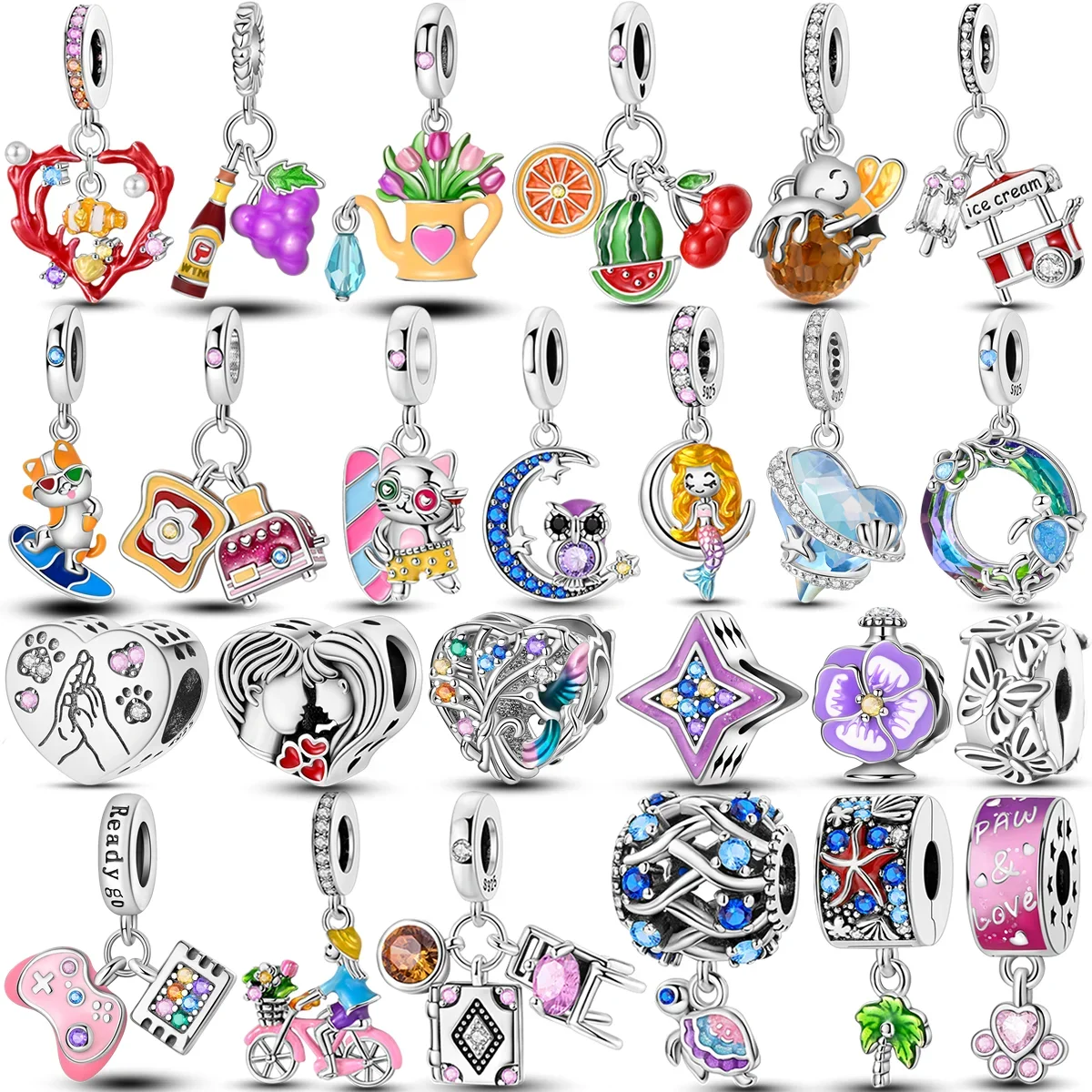 925 Sterling Silver Summer Style Charms Bead Colorful Firefly Love Heart Pendant Fit Original  Charm Bracelet DIY Jewelry