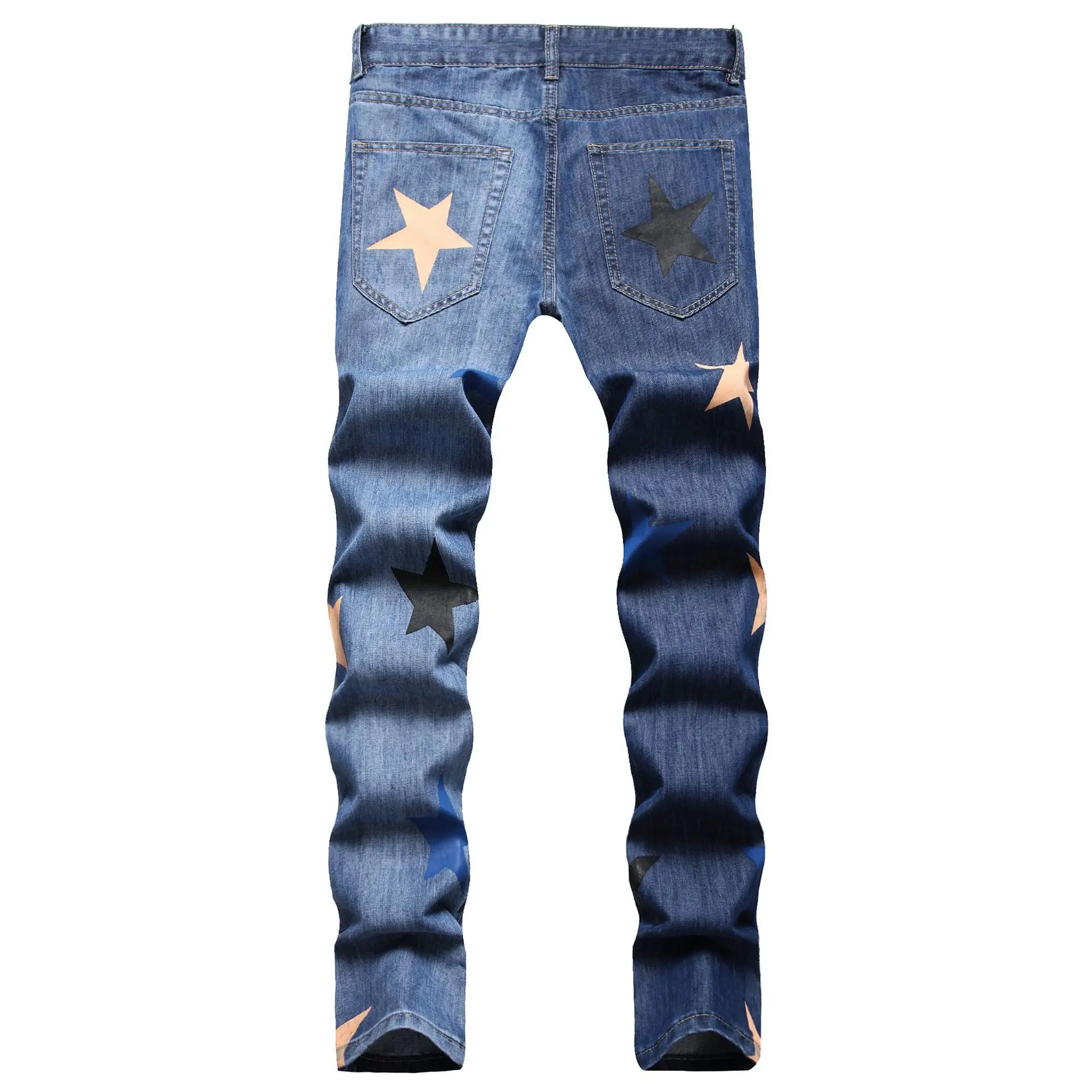 Fall hip hop style double wash water heavy industry cat beard full spray print five-pointed star small straight leg jeans