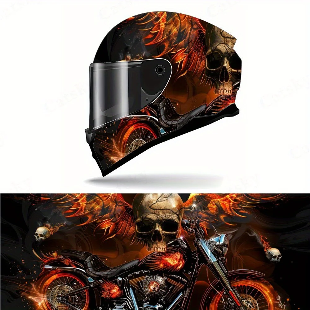 

Flame Skull Motorcycle Style Helmet Vinyl Wraps, Waterproof Scratch-Resistant Full Face Helmet Decals, Durable PVC Artistic Desi