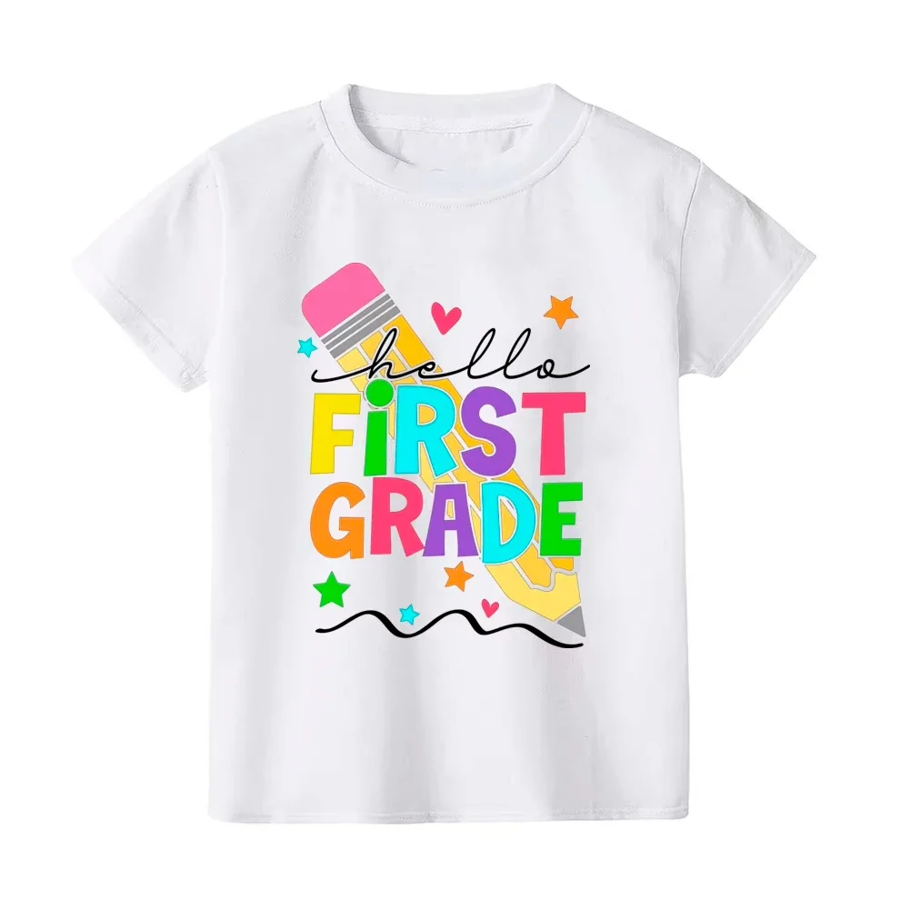 Hello First Grade Colorful Letter Pencil Star Heart Graphic Kids Short Sleeve T Shirt Back To School Boys Girls Casual Top