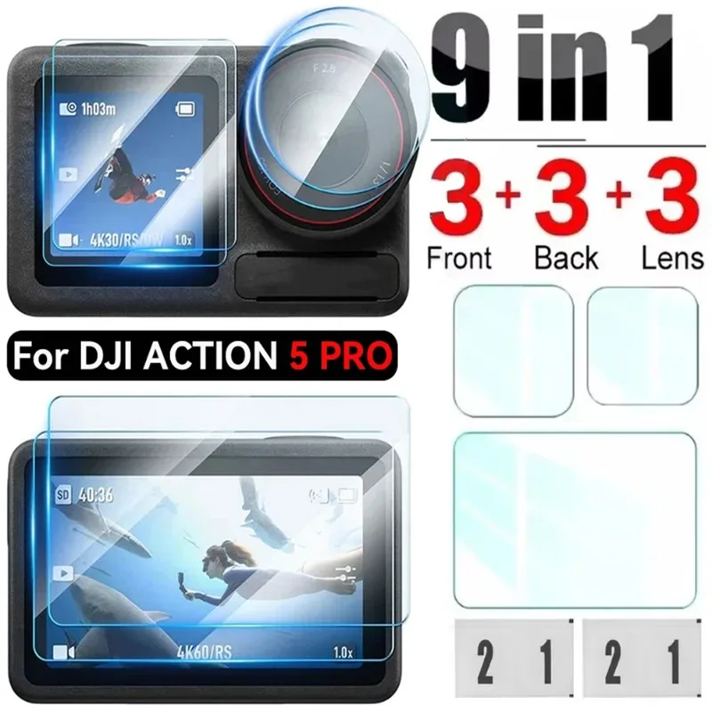 9in 1 Tempered Glass Camera Screen Protectors for DJI Osmo Action 5 Pro Lens Cover Full Coverage Anti-scratch Protective Films