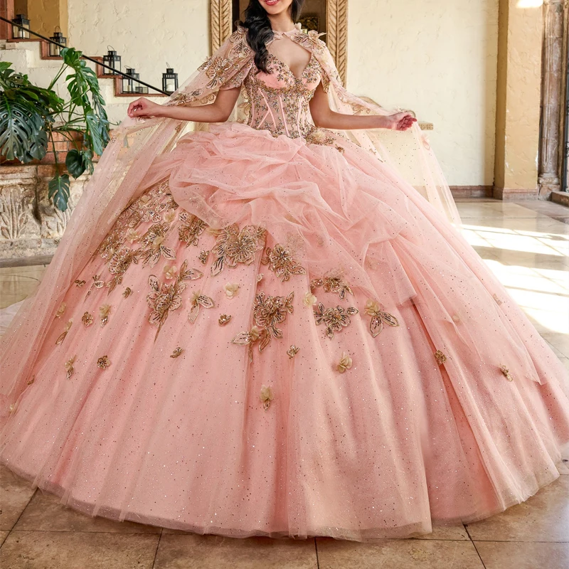 

Pink Shiny Princess Ball Gown Elegant Quinceanera Dresses Birthday Party Gold Applique Flower Tull With Cape Sweet 16 Dress Vest