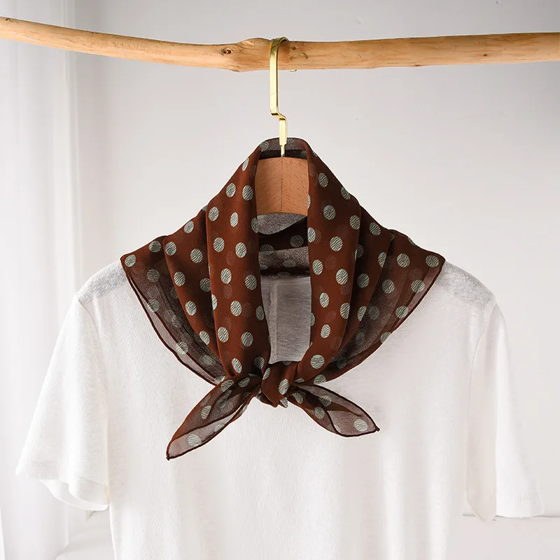 

100% Silk Scarf For Women Spring Vintage Coffee Polka Dot Print Neck Scarf Pure Silk Dot Elegant Womens Shawl