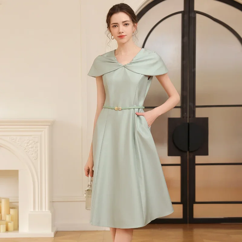 

New Summer Elegant Dress Women Fashion Off-Shoulder Sweet Bow V-neck A-line Midi Party Dresses Slim Waist Vestidos Robe Femme