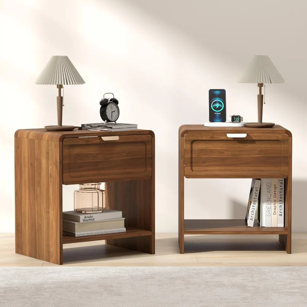 

2 sets of bedside tables, medieval modern bedside tables with charging stations and curved corners, wooden end tables