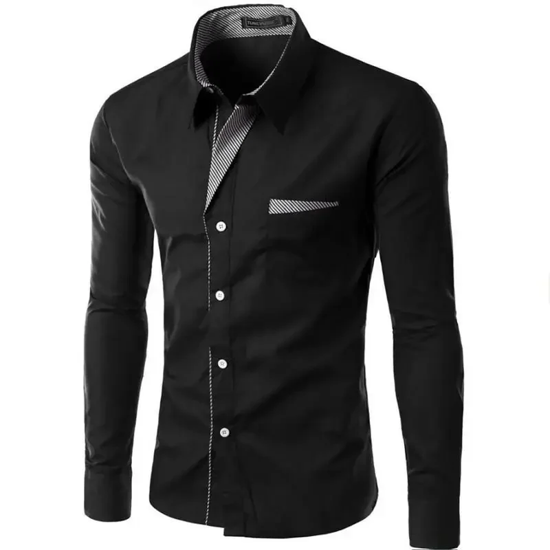 New men's long sleeved shirt with spring and autumn casual pockets, slim fit white men's clothing top