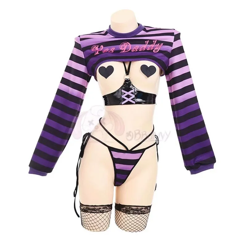 

Anime Maid Cosplay Costume Women Sexy Contrast Color Long sleeves Bodysuit Socks Suit Bunny Girl Striped Uniform Bikini lingerie