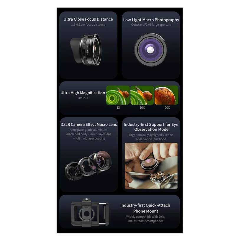 

-A20Z ZM100MM Lens Zoom Macro 20X Lens Telephoto Macro Magnifier +Macro Lens Fill Light 3 Colors 5 Levels 2700K-6500K For Phone