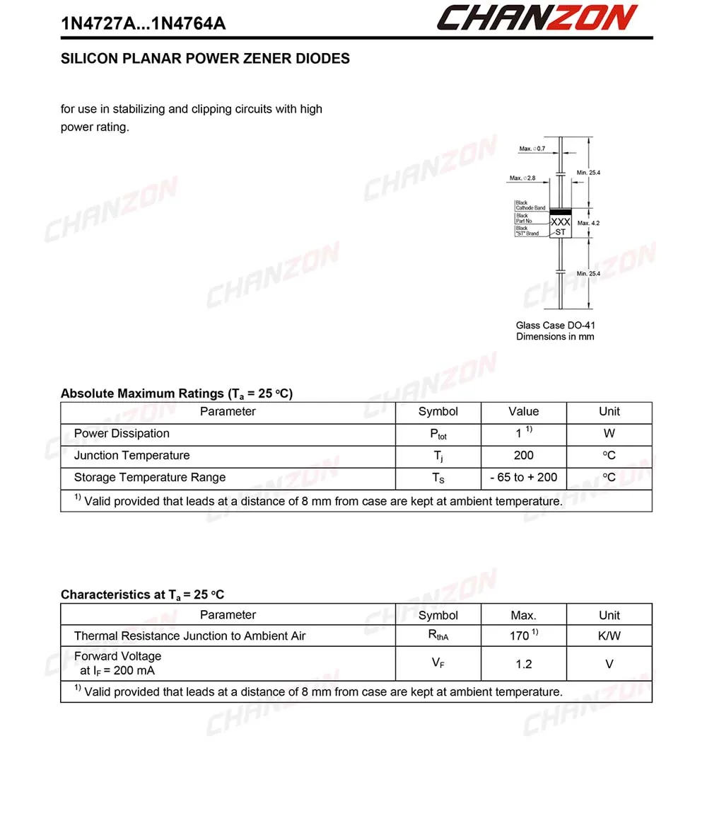 Imagem -03 - Diodo Zener de Potência 1w 12v Do41 Do204al Axial Watt 12 Volts em 1n 4742a In4742a 100 Pcs 1n4742a 1n4742