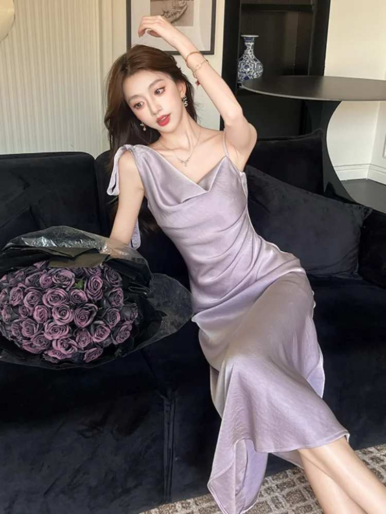 Summer Slim Fit Svel Satin Dr Women's High Waist Fi Tail Gown Design Sense Strap Dr French Sle A-Line Skirt