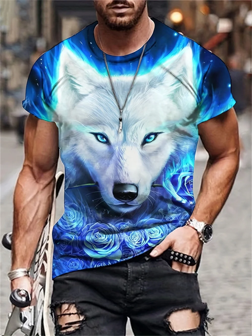 

2024 New Animal T-Shirt For Men's Lion Tiger Wolf Printed Oversized T-Shirt Summer Men's Short Sleeve Tops Hawaii Men's Clothing