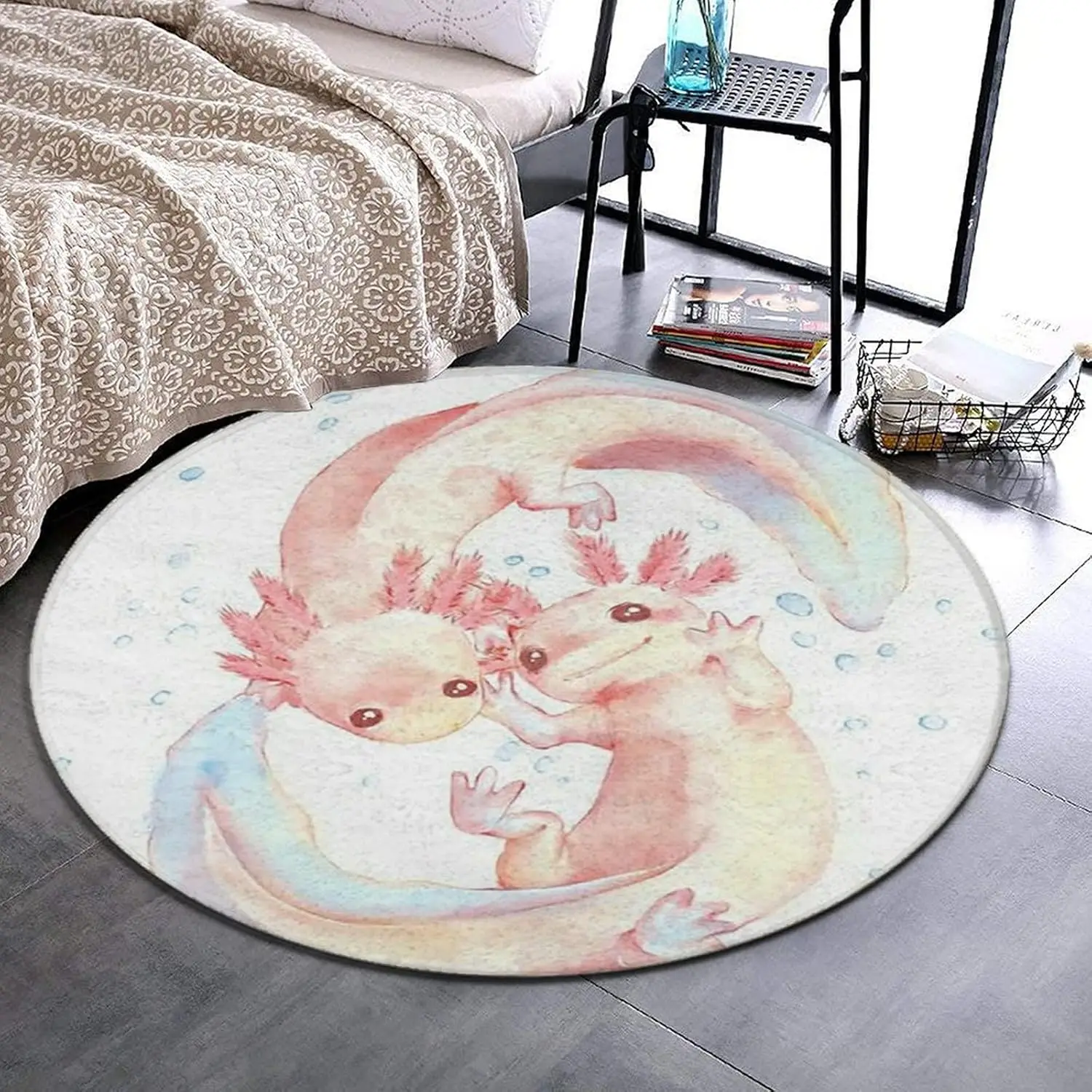 Watercolor Axolotl Pair Round Rug Soft Pink Blue Bubbles for Nursery or Bedroom