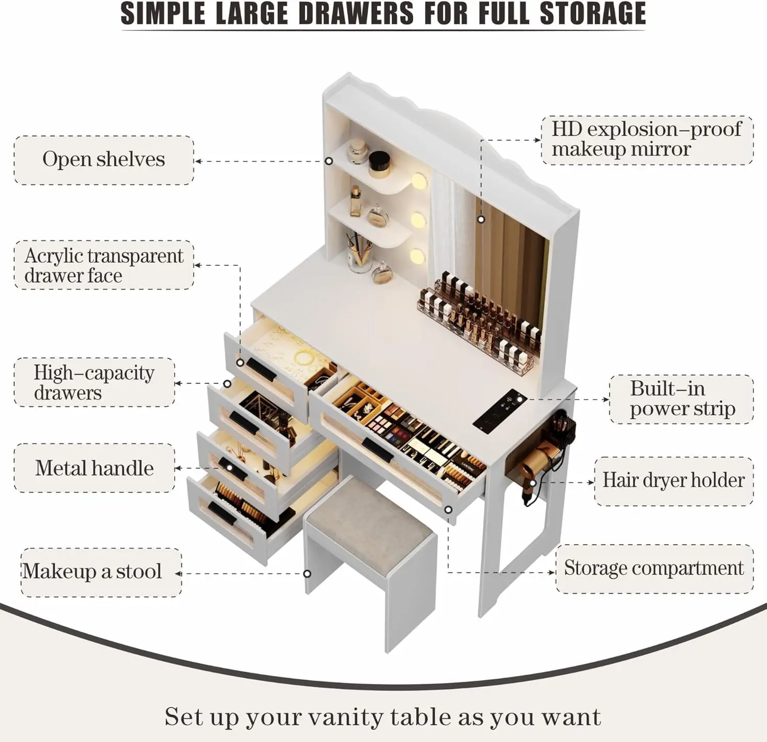 Bedroom Makeup Vanity Desk with Mirror and Lights, White, 5 Drawers, 2 Shelves, 10 Light Bulbs, USB Port, Human Sensor Design view 5
