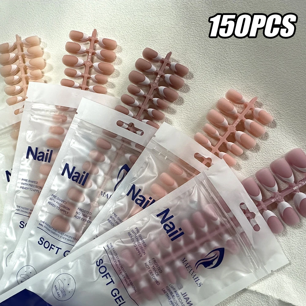 150 Uds. Uñas postizas de almendra francesa desnuda mate, uñas postizas medianas en forma de almendra, 12 tamaños, cobertura completa, Kit de puntas de uñas francesas de Gel suave