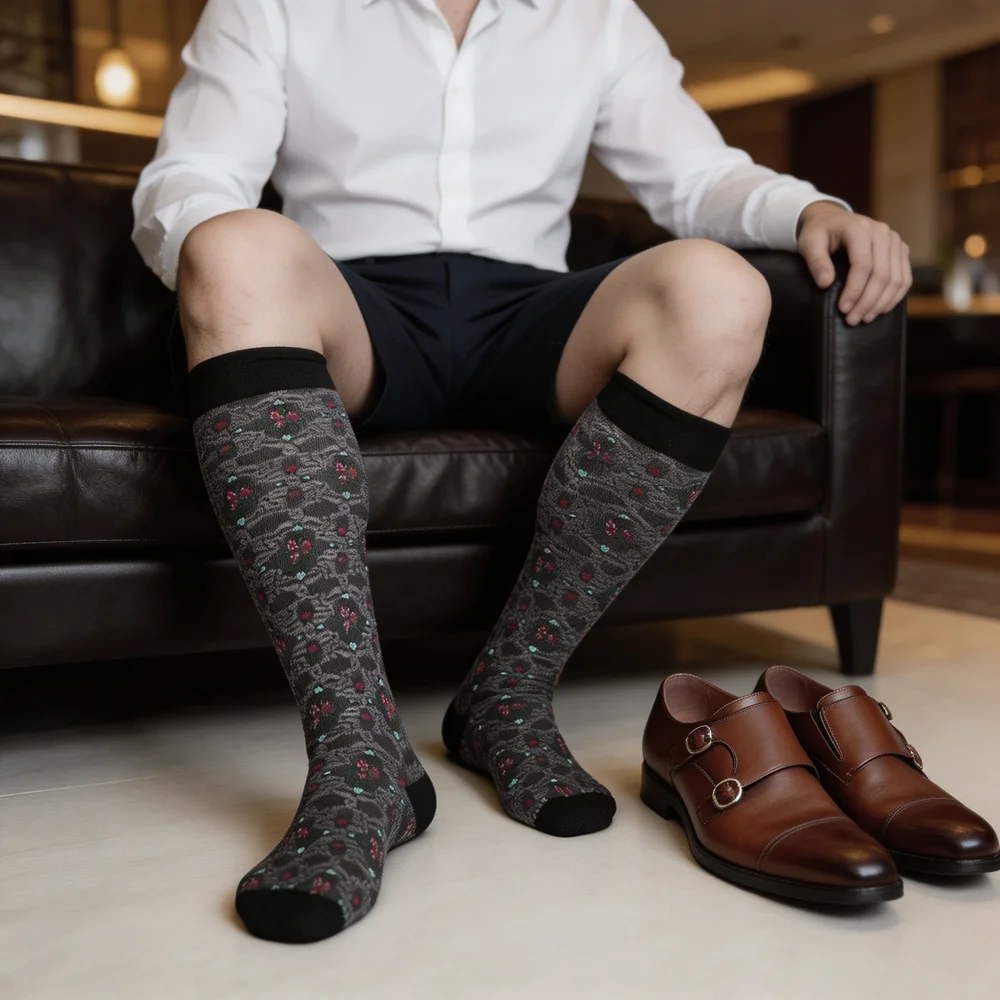 Men's Floral Pattern Knee High Dress Socks Vintage Business Formal Over The Calf Cotton Blend Fashion Socks for Suit