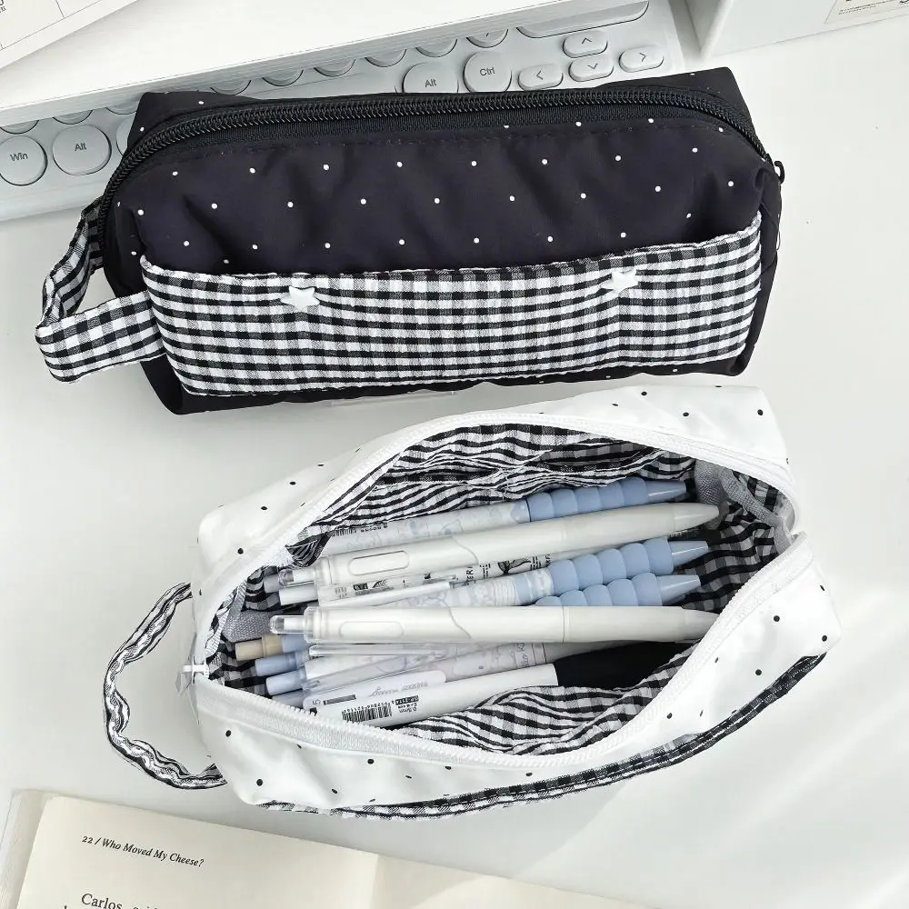 

New Striped Polka Dot Pen Bag Handheld Large Capacity Pencil Case Stationery Pouch Students Gift