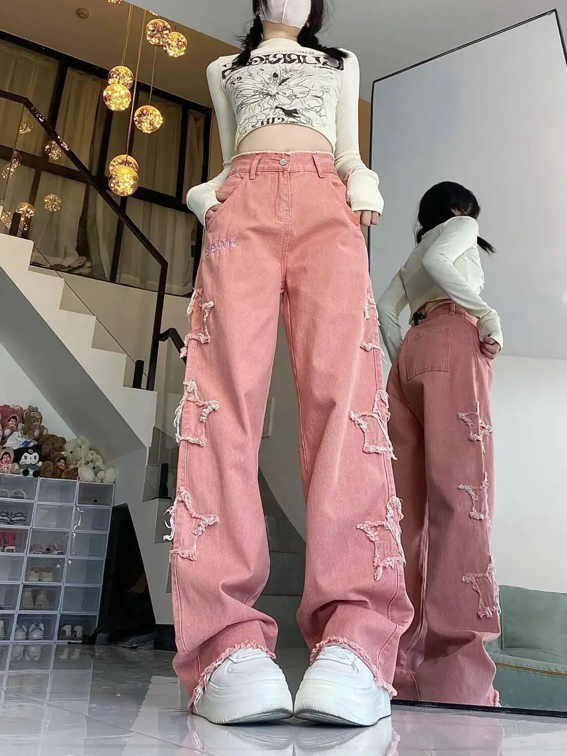 

Retro Star Embroidered Raw Edge Pink Jeans For Women High Waist Loose Straight Wide Leg Trousers