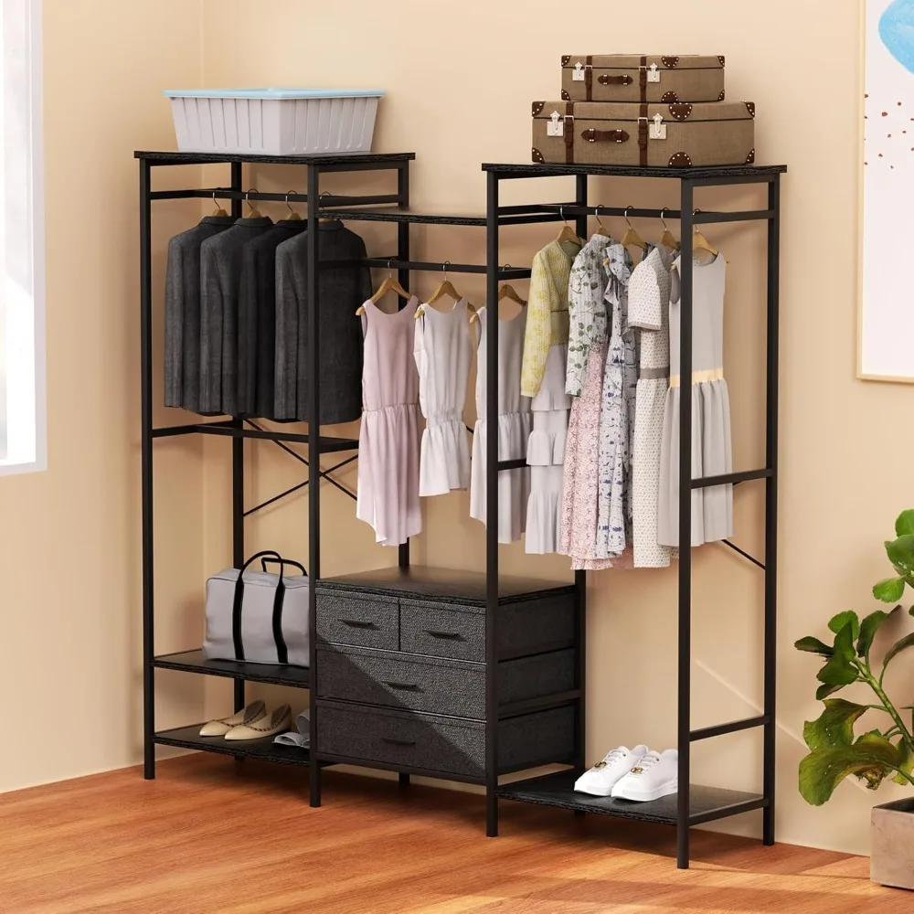 

Clothes Rack, Garment Rack with Shelves for Shoes & 4 Drawers, Clothes Storage Organizer with 4 Hanging Rods, Free Standing Clos